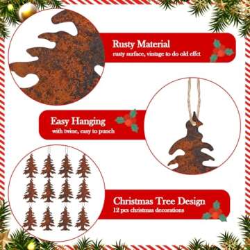 Syhood Rustic Metal Christmas Tree Ornaments - 12 Pcs