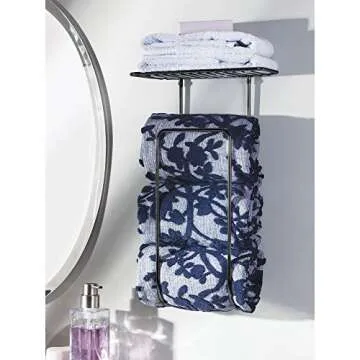mDesign Steel Wall Mount Towel Rack Holder Organizer with Basket Shelf Storage for Bathroom, Kitchen...