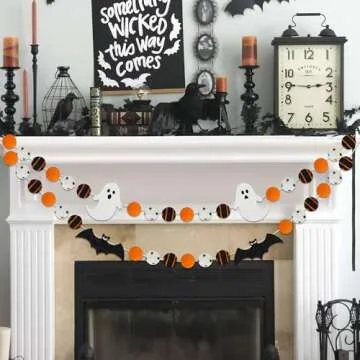2PCS Halloween Felt Ball Garlands with Ghost & Bat - Halloween Decorations Indoor - Halloween Black Orange White Pom Pom Garlands for Home Mantle - Halloween Party Hanging Decorations