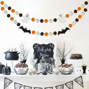 2PCS Halloween Felt Ball Garlands with Ghost & Bat - Halloween Decorations Indoor - Halloween Black Orange White Pom Pom Garlands for Home Mantle - Halloween Party Hanging Decorations