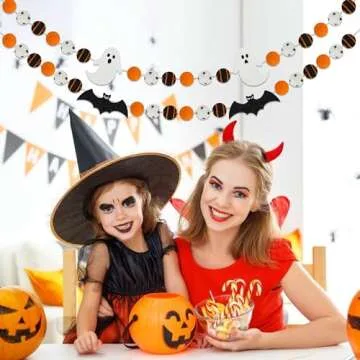2PCS Halloween Felt Ball Garlands with Ghost & Bat - Halloween Decorations Indoor - Halloween Black Orange White Pom Pom Garlands for Home Mantle - Halloween Party Hanging Decorations