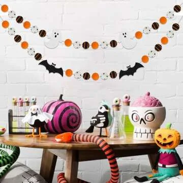 2PCS Halloween Felt Ball Garlands with Ghost & Bat - Halloween Decorations Indoor - Halloween Black Orange White Pom Pom Garlands for Home Mantle - Halloween Party Hanging Decorations