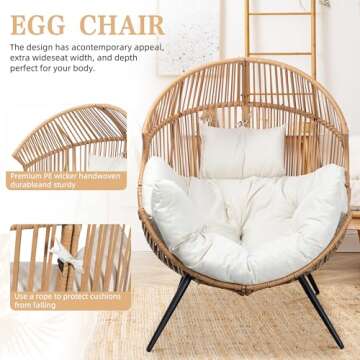 Vongrasig Wicker Egg Chair PE Rattan Chair with Cushion, Oversized Patio Lounge Chair for Outdoor, Indoor, Balcony, Backyard, Garden, Living Room, Beige