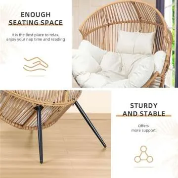 Vongrasig Wicker Egg Chair PE Rattan Chair with Cushion, Oversized Patio Lounge Chair for Outdoor, Indoor, Balcony, Backyard, Garden, Living Room, Beige