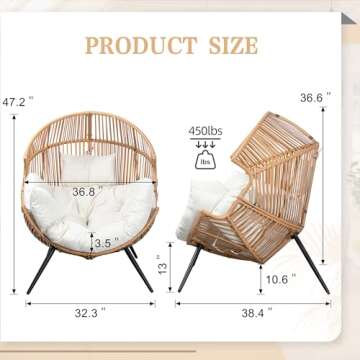 Vongrasig Wicker Egg Chair PE Rattan Chair with Cushion, Oversized Patio Lounge Chair for Outdoor, Indoor, Balcony, Backyard, Garden, Living Room, Beige