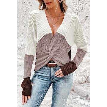 Pink Queen Women's Spring V Neck Sweater Casual Long Sleeve Color Contrast Sweater Top Holiday Sexy Lightweight Asymetric Hem Cropped Sweaters Khaki S