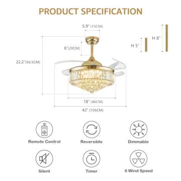 MOOONICHE 42 Inch Crystal Ceiling Fan with Light and Remote Modern Gold Dimmable Fandelier Invisible...