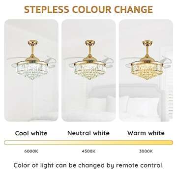 MOOONICHE 42 Inch Crystal Ceiling Fan with Light and Remote Modern Gold Dimmable Fandelier Invisible Retractable Chandelier Fan for Bedroom Living Room Dining Room