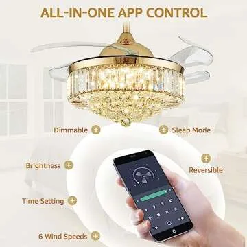 MOOONICHE 42 Inch Crystal Ceiling Fan with Light and Remote Modern Gold Dimmable Fandelier Invisible Retractable Chandelier Fan for Bedroom Living Room Dining Room