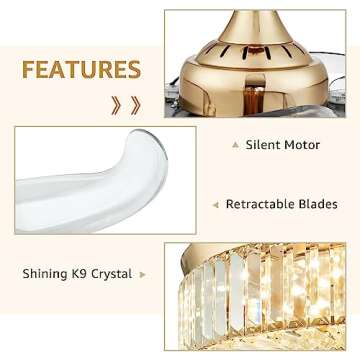 MOOONICHE 42 Inch Crystal Ceiling Fan with Light and Remote Modern Gold Dimmable Fandelier Invisible Retractable Chandelier Fan for Bedroom Living Room Dining Room
