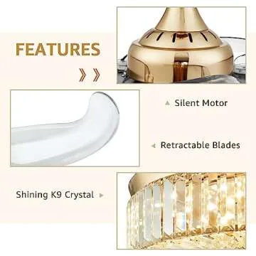 MOOONICHE 42 Inch Crystal Ceiling Fan with Light and Remote Modern Gold Dimmable Fandelier Invisible Retractable Chandelier Fan for Bedroom Living Room Dining Room