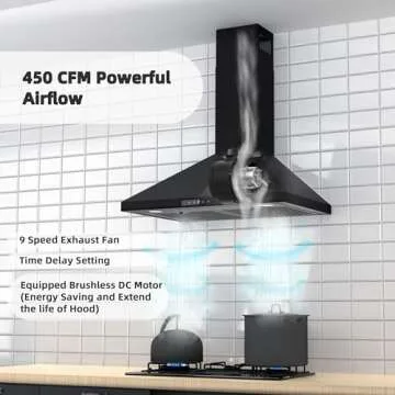FIREGAS 30 inch Black Range Hood, Convertible Wall Mount with 450 CFM Power, 9 Speed Fan, Soft Touch...