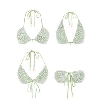 seamoly Womens String Bikini Sets Fishnet Shell Triangle High Cut Side Tie Thong Halter Bathing Suit 2 Piece Swimsuits Green S
