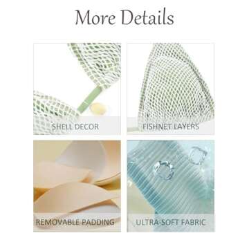 seamoly Womens String Bikini Sets Fishnet Shell Triangle High Cut Side Tie Thong Halter Bathing Suit 2 Piece Swimsuits Green S