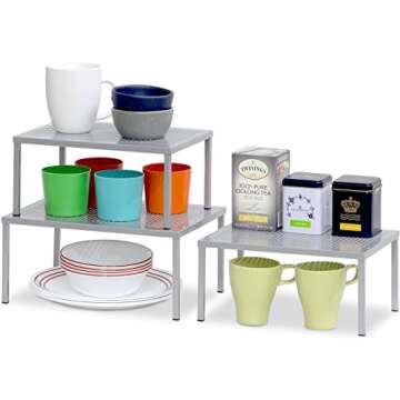 Simple Houseware Metal Top Expandable Stackable Kitchen Cabinet and Counter Shelf Organizer, Silver