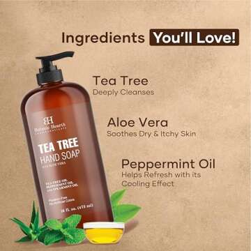 Botanic Hearth Tea Tree Liquid Hand Soap - Sulfate Free Formula - Multi Purpose Hand Wash with Aloe Vera and Premium Grade Tea Tree Oil, Pump Dispenser - 16 fl oz