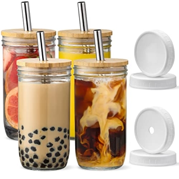NETANY 4 Pack Glass Cups Set - 24oz Mason Jar Drinking Glasses w Bamboo Lids & Straws & 2 Airtight L...