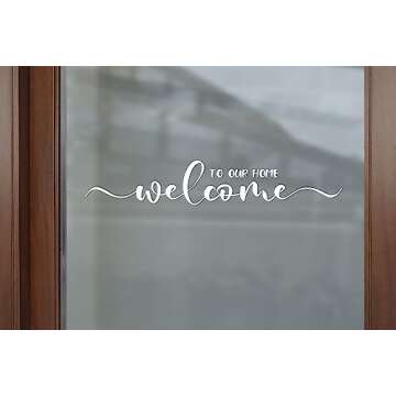 ZLKAPT Welcome to Our Home Vinyl Decal - Cute Greeting Sticker for Front Door - 3.5"x16" Door Vinyl Decal - Porch Door Decor (White)