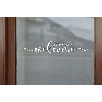 ZLKAPT Welcome to Our Home Vinyl Decal - Cute Greeting Sticker for Front Door - 3.5"x16" Door Vinyl Decal - Porch Door Decor (White)