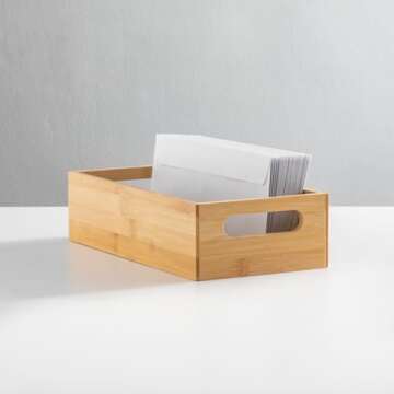 mDesign Bamboo Office Storage Container Bin - Drawer Organizer Crate Box with Handles for Cabinet, Shelves, Closet, Cubby, Holds Pens, Pencils, or Envelopes, Echo Collection, 2 Pack - Natural/Tan