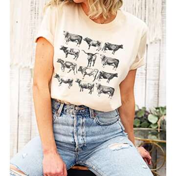 Cow Shirts for Women Western Country Cowgirl T-Shirt Retro Animal Bull Graphic Farm Life Tee Casual Short Sleeve Top (S, Apricot)