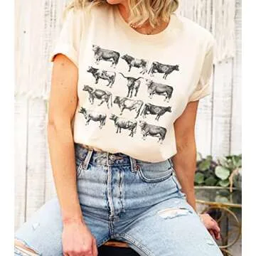 Cow Shirts for Women Western Country Cowgirl T-Shirt Retro Animal Bull Graphic Farm Life Tee Casual Short Sleeve Top (S, Apricot)