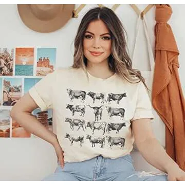 Cow Shirts for Women Western Country Cowgirl T-Shirt Retro Animal Bull Graphic Farm Life Tee Casual Short Sleeve Top (S, Apricot)