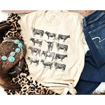 Cow Shirts for Women Western Country Cowgirl T-Shirt Retro Animal Bull Graphic Farm Life Tee Casual Short Sleeve Top (S, Apricot)