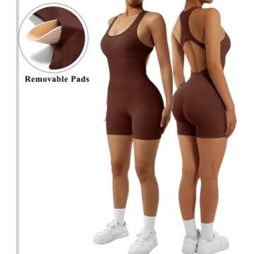 OMKAGI Women Seamless One Piece Jumpsuits Racerback Bodycon Tummy Control Yoga Rompers(M,03-Brown)