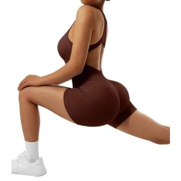OMKAGI Women Seamless One Piece Jumpsuits Racerback Bodycon Tummy Control Yoga Rompers(M,03-Brown)