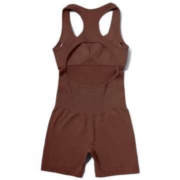OMKAGI Women Seamless One Piece Jumpsuits Racerback Bodycon Tummy Control Yoga Rompers(M,03-Brown)
