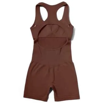 OMKAGI Women Seamless One Piece Jumpsuits Racerback Bodycon Tummy Control Yoga Rompers(M,03-Brown)