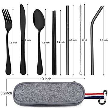 Travel Utensils with Case, E-far 8-Piece Reusable Camping Silverware Set, Portable Stainless Steel Cutlery Flatware Set Includes Knife, Fork, Spoon, Chopsticks, Straws, Cleaning Brush (Black)