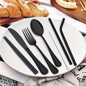 Travel Utensils with Case, E-far 8-Piece Reusable Camping Silverware Set, Portable Stainless Steel Cutlery Flatware Set Includes Knife, Fork, Spoon, Chopsticks, Straws, Cleaning Brush (Black)