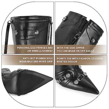 Dsevht Stiletto Boots Black Knee High Boots for Women Sexy Pointed Toe Rivets Tassel Boots Fashion Studded High Heel Long Boot Zipper