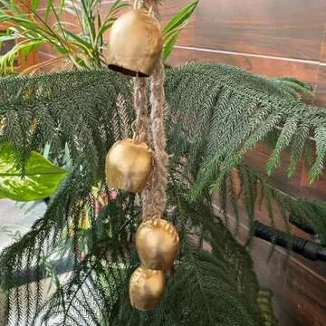 Handmade Brass Finish Hanging Bells for Door Chimes with Jute Rope, Shabby chic decorative bells for christmas 4 bells Wall Décor, winter holiday easter and home decor