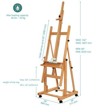 VISWIN Heavy-Duty Extra Large H Frame Easel, Hold Canvas to 82", Tilts Flat, Professional Solid Beec...