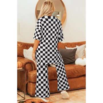 Women 2 Piece Outfits Casual Checkered Half Sleeve Pullover Top and Wide Leg Pants Matching Lounge Set Tracksuit Black L