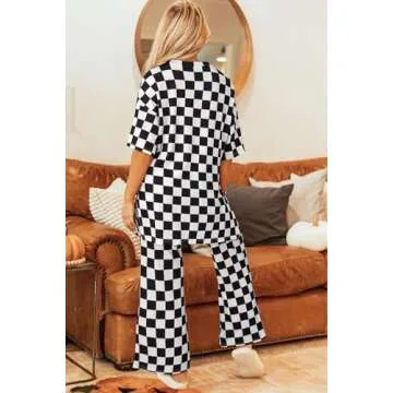 Women 2 Piece Outfits Casual Checkered Half Sleeve Pullover Top and Wide Leg Pants Matching Lounge Set Tracksuit Black L