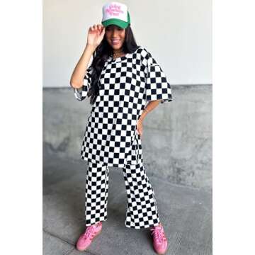 Women 2 Piece Outfits Casual Checkered Half Sleeve Pullover Top and Wide Leg Pants Matching Lounge Set Tracksuit Black L