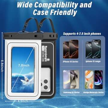 Waterproof Phone Pouch - 2 Pack IP68 Floating Waterproof Phone Case, Dry Bag Beach Cruise Essentials 2025 with Adjustable Lanyard for iPhone 16 Pro Max / 15 Pro / Galaxy S24 S23 (Black and White)