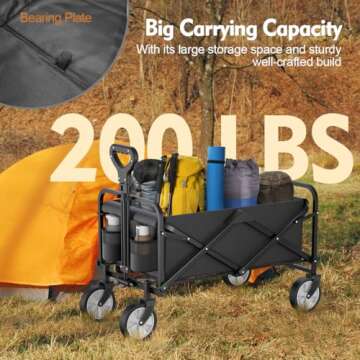 Folding Wagon, Collapsible Beach Wagon Cart,Foldable Grocery with Side Pocket, Large Capacity Heavy Duty Portable Wagon for Camping, Sports, Shopping, Garden and Beach (Black)