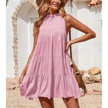 Okiwam Womens Summer Dresses 2025 Halter Sleeveless A Line Tiered Swing Sundress Casual Beach Vacation Mini Dress-M Pink