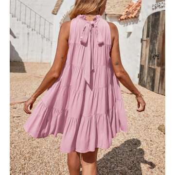 Okiwam Womens Summer Dresses 2025 Halter Sleeveless A Line Tiered Swing Sundress Casual Beach Vacation Mini Dress-M Pink