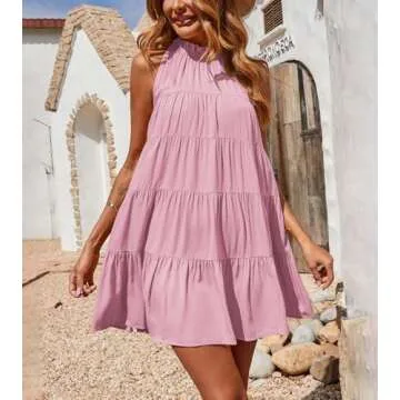 Okiwam Womens Summer Dresses 2025 Halter Sleeveless A Line Tiered Swing Sundress Casual Beach Vacation Mini Dress-M Pink