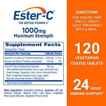 Ester-C Vitamin C 1000 mg Coated Tablets, Immune System Booster, Stomach-Friendly Supplement, 120 Co...