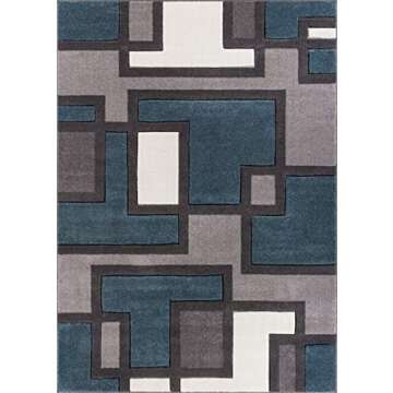 Well Woven Uptown Squares Blue & Grey Modern Area Rug (6'7" x 9'3") Geometric Casual Hand Carved Eas...