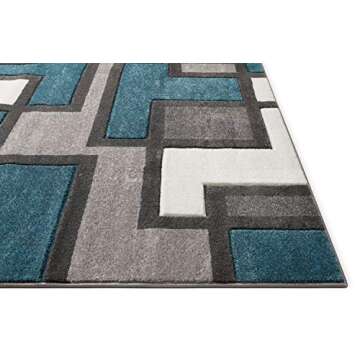 Well Woven Uptown Squares Blue & Grey Modern Area Rug (6'7" x 9'3") Geometric Casual Hand Carved Easy to Clean Stain Fade Resistant Abstract Boxes Contemporary Thick Soft Plush Living Dining Room Rug