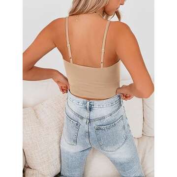 REORIA Women's Summer Sexy Casual Deep Scoop Neck Double Lined Adjustable Spaghetti Strap Cami Camisole Seamless Sleeveless Cropped Tank Top Cute Yoga Crop Tops Nude Small