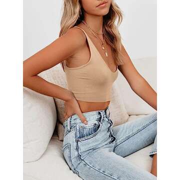 REORIA Women's Summer Sexy Casual Deep Scoop Neck Double Lined Adjustable Spaghetti Strap Cami Camisole Seamless Sleeveless Cropped Tank Top Cute Yoga Crop Tops Nude Small